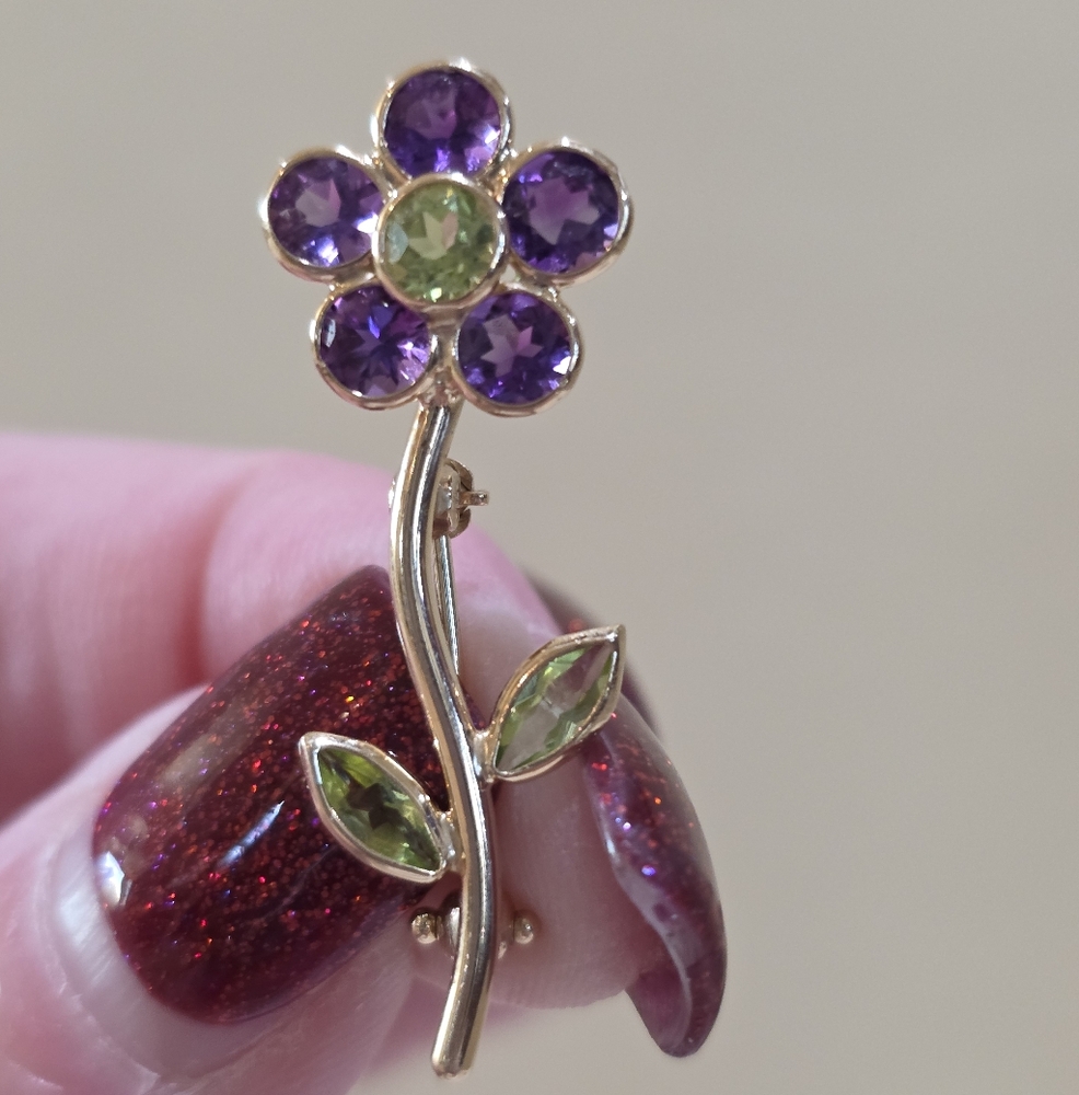Vintage 14k Yellow Gold Purple Green Gemstones Flower Beautiful Pin Brooch 1.7 g